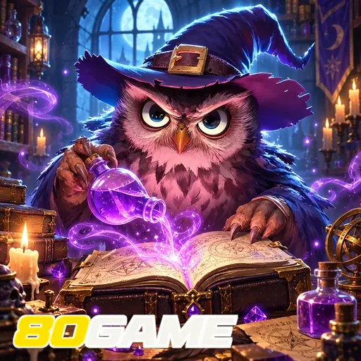 80GAME — ilustração de uma coruja com livro mágico