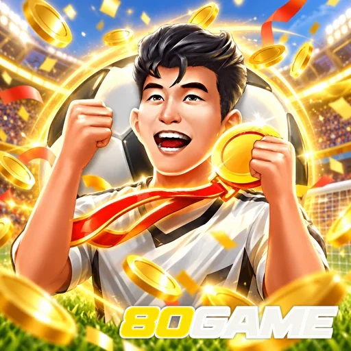 80GAME — ilustração de um jogador comemorando com uma moeda