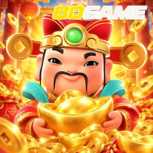 80GAME — ilustração de um personagem sorridente com moedas de ouro