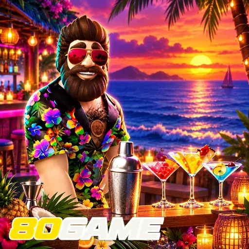 80GAME — ilustração de um personagem em uma festa tropical
